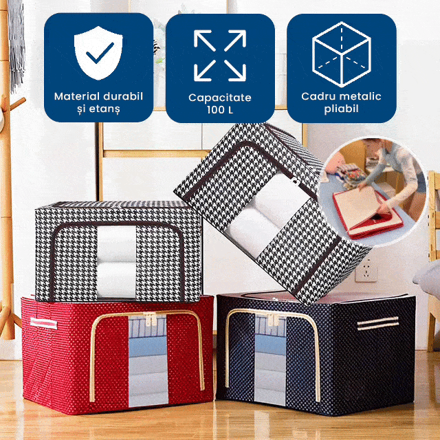 DepoBox 100L – Cutie pentru Depozitare Ultra Spațioasă, Pliabilă, cu Fermoar și Fereastră